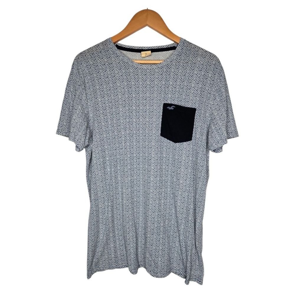 Hollister Men's XL Blue White Allover Geometric Pocket T-Shirt Cotton Preppy